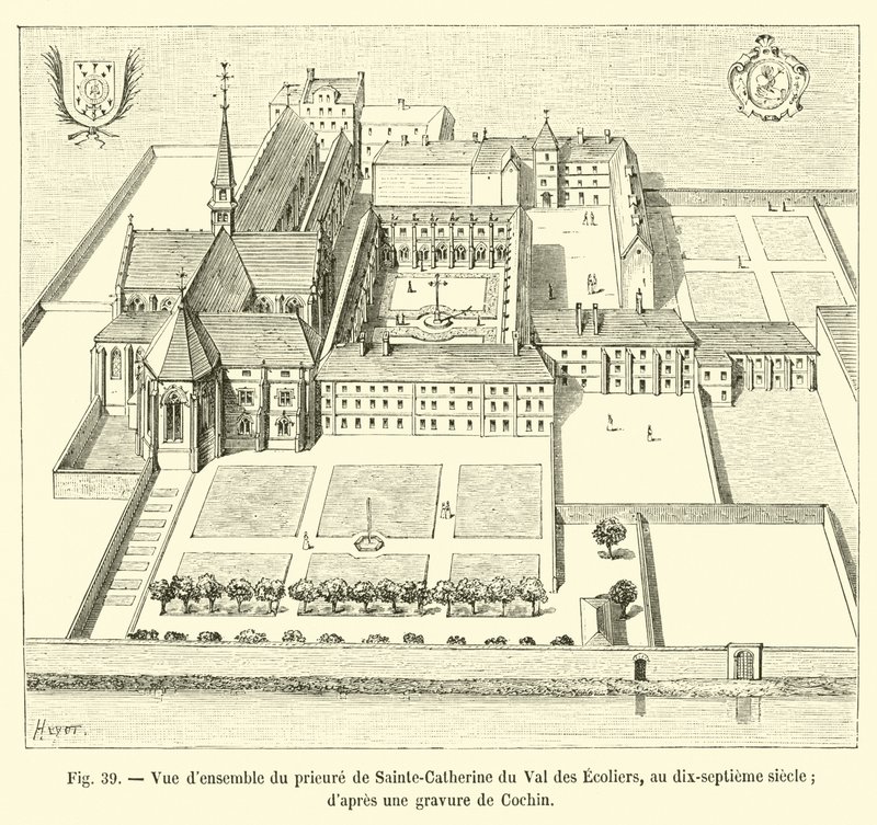 Overzicht van het prioraat van Sainte-Catherine du Val des Ecoliers, in de zeventiende eeuw; naar een gravure van Cochin door French School