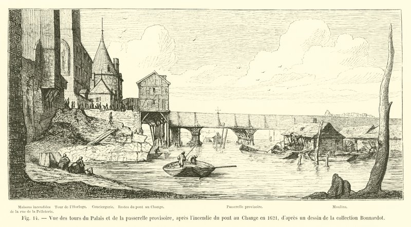 Uitzicht op de torens van het paleis en de tijdelijke loopbrug, na de brand van de Pont au Change in 1621, naar een tekening uit de collectie Bonnardot door French School