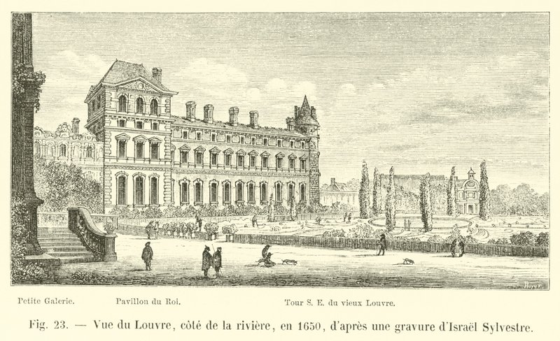 Zicht op het Louvre, aan de kant van de rivier, in 1650, naar een gravure van Israël Sylvestre door French School