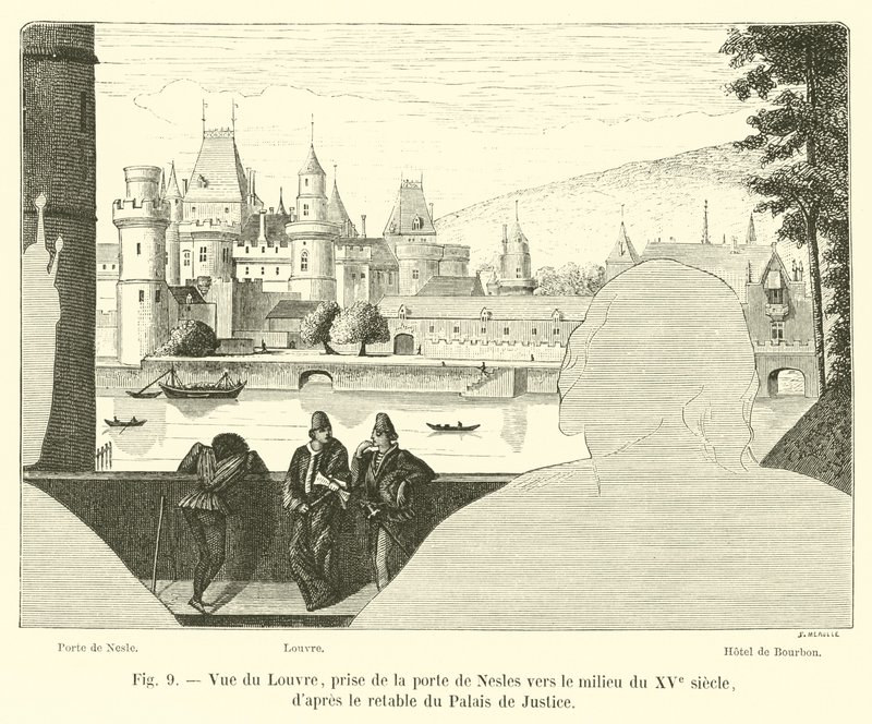 Zicht op het Louvre, vanaf de poort van Nesles rond het midden van de 15e eeuw, naar het altaarstuk van het Paleis van Justitie door French School