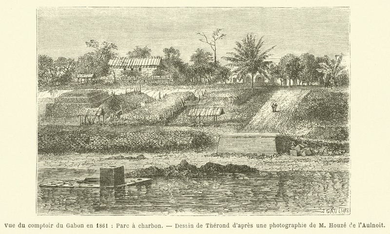 Uitzicht op het depot van Gabon in 1861, kolenpark door French School