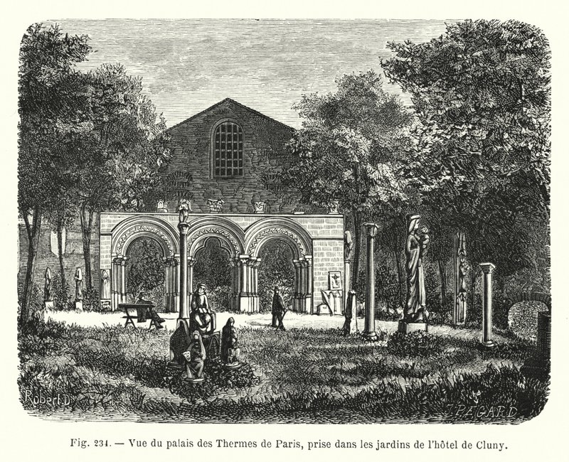 Uitzicht op het paleis van de Thermen van Parijs, genomen in de tuinen van het hotel de Cluny door French School