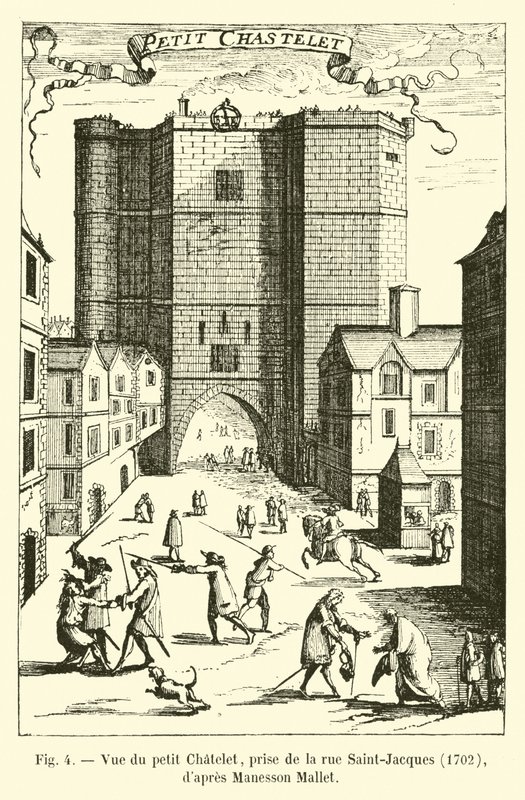 Zicht op het kleine Chatelet, vanaf de rue Saint-Jacques, 1702, naar Manesson Mallet door French School