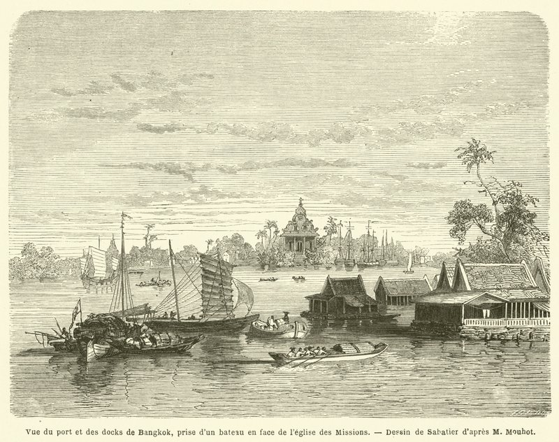 Uitzicht op de haven en dokken van Bangkok, genomen vanaf een boot tegenover de kerk van de Missies door French School