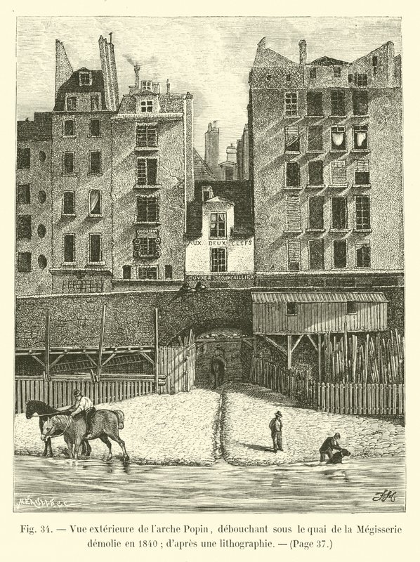 Buitenzicht van de Arche Popin, uitkomend onder de kade van de Mégisserie gesloopt in 1840, naar een lithografie door French School