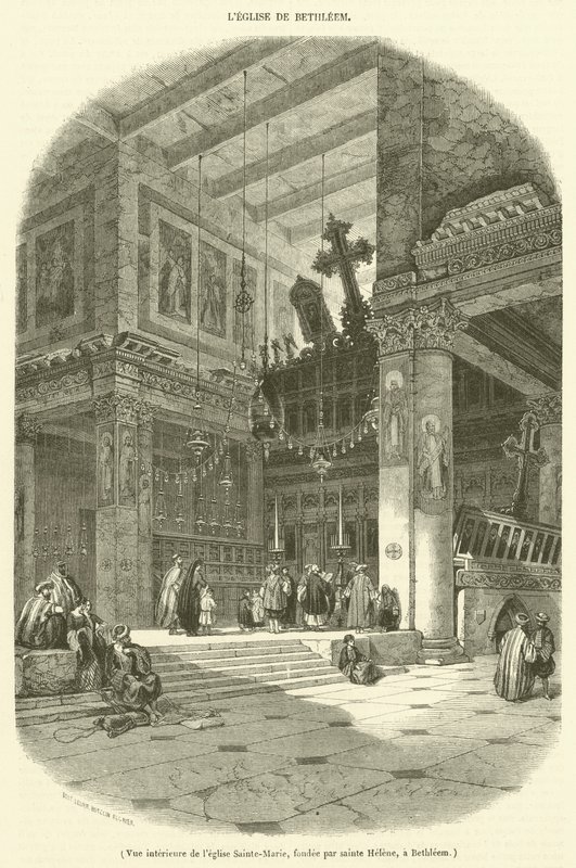 Binnenaanzicht van de kerk Sainte-Marie, gesticht door heilige Helena, in Bethlehem door French School