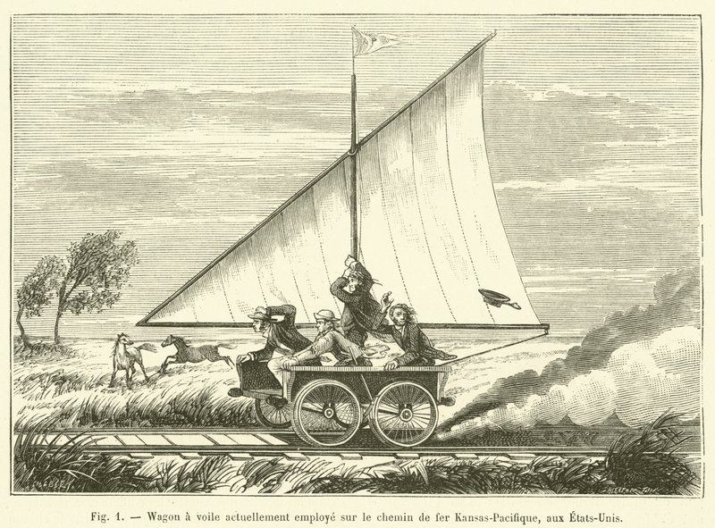 Zeilwagen momenteel in gebruik op de Kansas-Pacific spoorweg, in de Verenigde Staten door French School