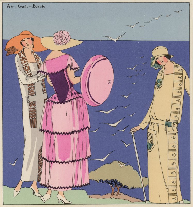 Damesmode uit de jaren 1920 van ontwerpers Paul Poiret en Jacques Doucet (kleurenlitho) door French School
