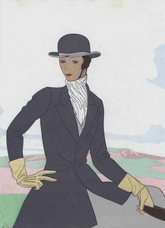 Damesrijpak uit de jaren 1920 (kleurenlitho) door French School