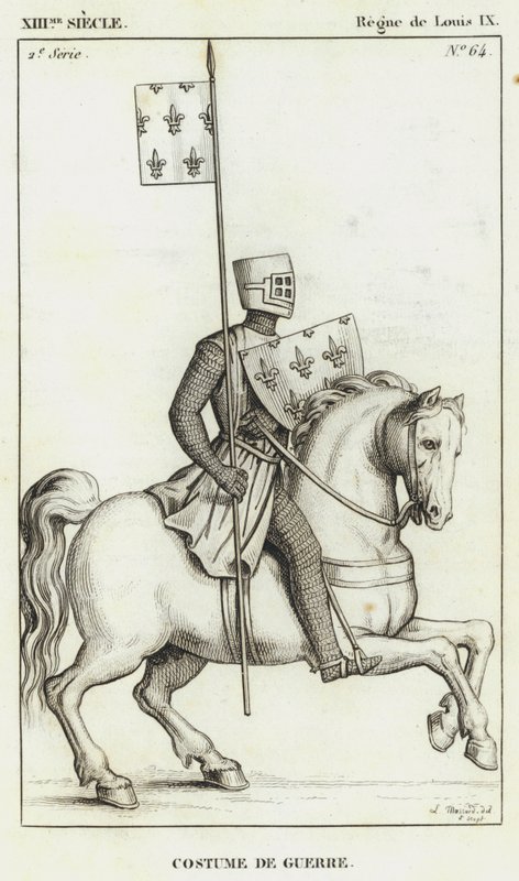 XIII Eeuw, Regering van Lodewijk IX, Oorlogskostuum (gravure) door French School