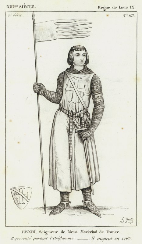 XIII Eeuw, Regering van Lodewijk IX, Henri, Heer van Metz, Maarschalk van Frankrijk, Afgebeeld met de Oriflamme, Hij stierf in 1265 (gravure) door French School