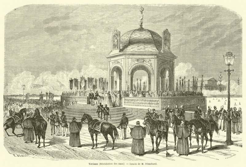 Jordaan, Zegening van de wateren (gravure) door French School