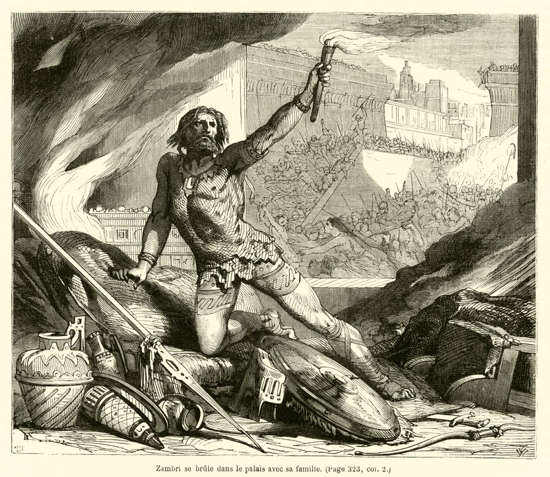 Zambri verbrandt zichzelf in het paleis met zijn familie (gravure) door French School