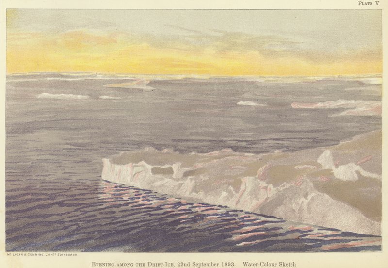 Avond tussen het drijfijs, 22 september 1893, aquarel schets door Fridtjof Nansen