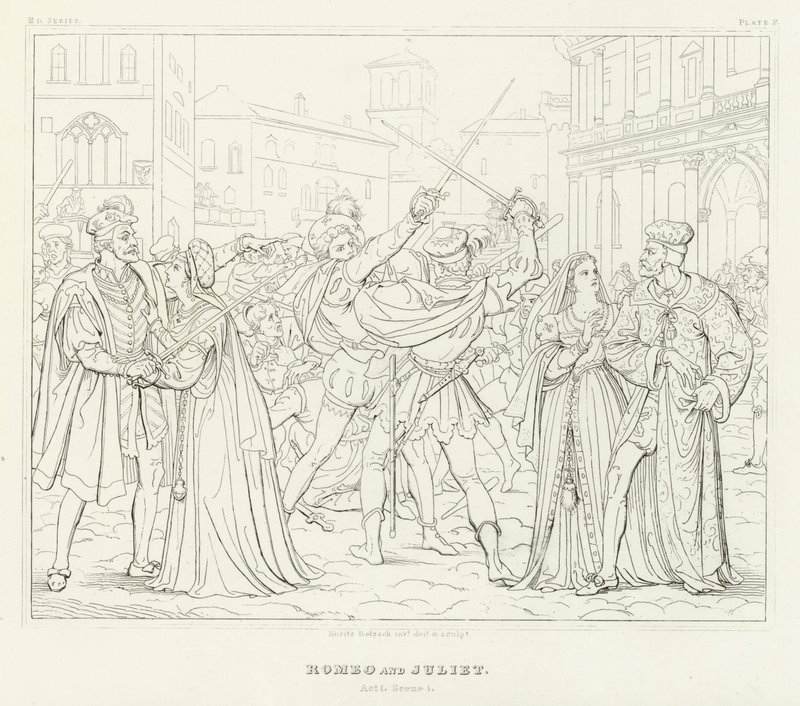 Romeo en Julia, Act I, Scene 1 door Friedrich August Moritz Retzsch