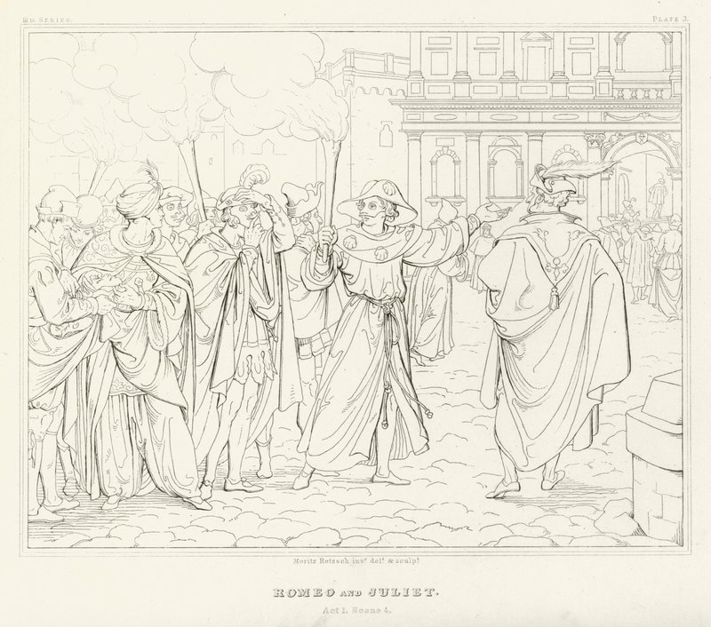 Romeo en Julia, Act I, Scene 4 door Friedrich August Moritz Retzsch