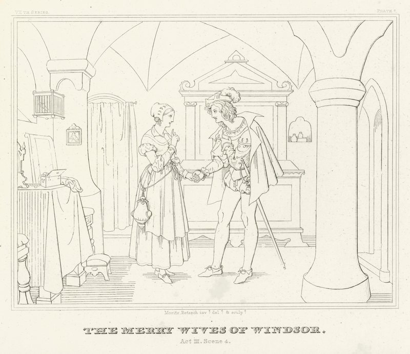 De Vrolijke Vrouwtjes van Windsor, Act III, Scene 4 (gravure) door Friedrich August Moritz Retzsch