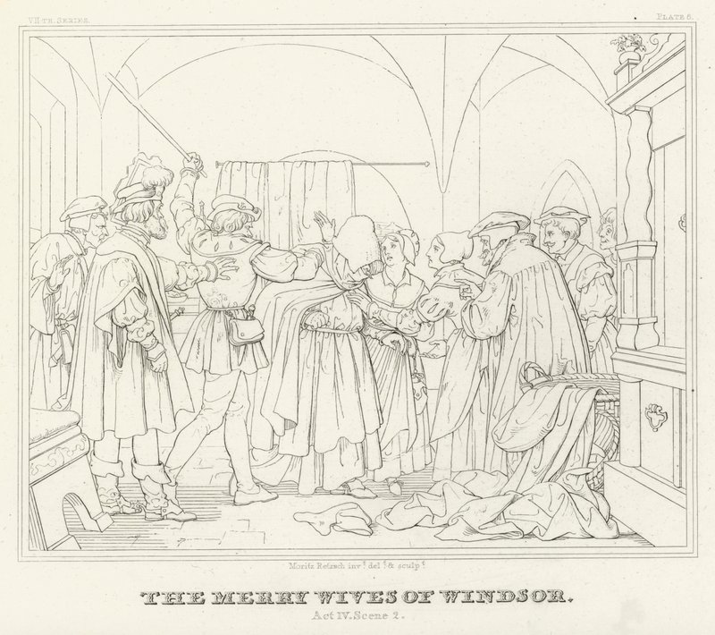 De Vrolijke Vrouwtjes van Windsor, Act IV, Scene 2 (gravure) door Friedrich August Moritz Retzsch