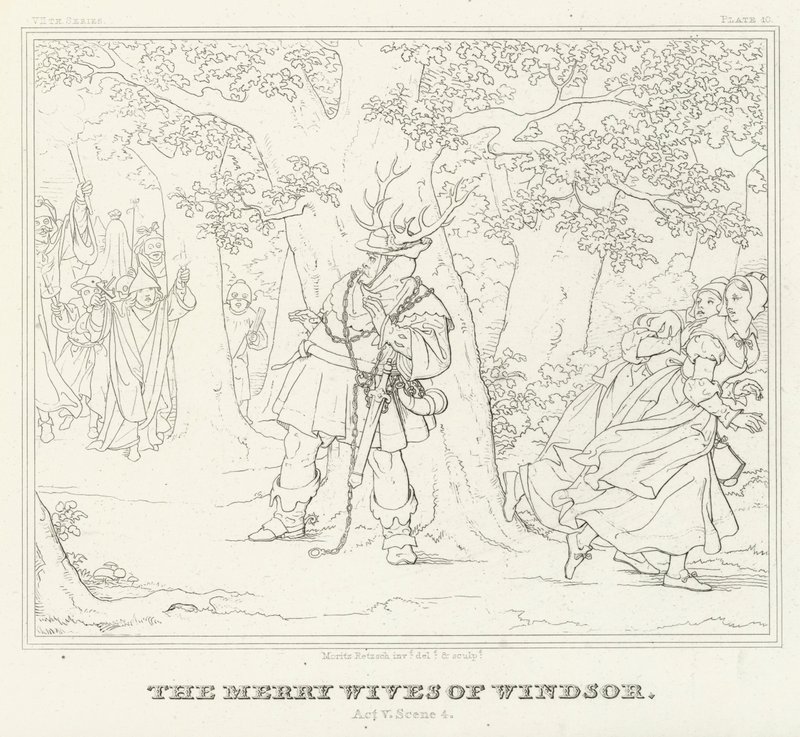 De Vrolijke Vrouwtjes van Windsor, Act V, Scene 4 (gravure) door Friedrich August Moritz Retzsch