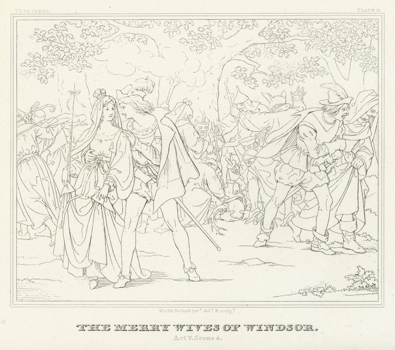 De Vrolijke Vrouwen van Windsor, Act V, Scene 4 (gravure) door Friedrich August Moritz Retzsch