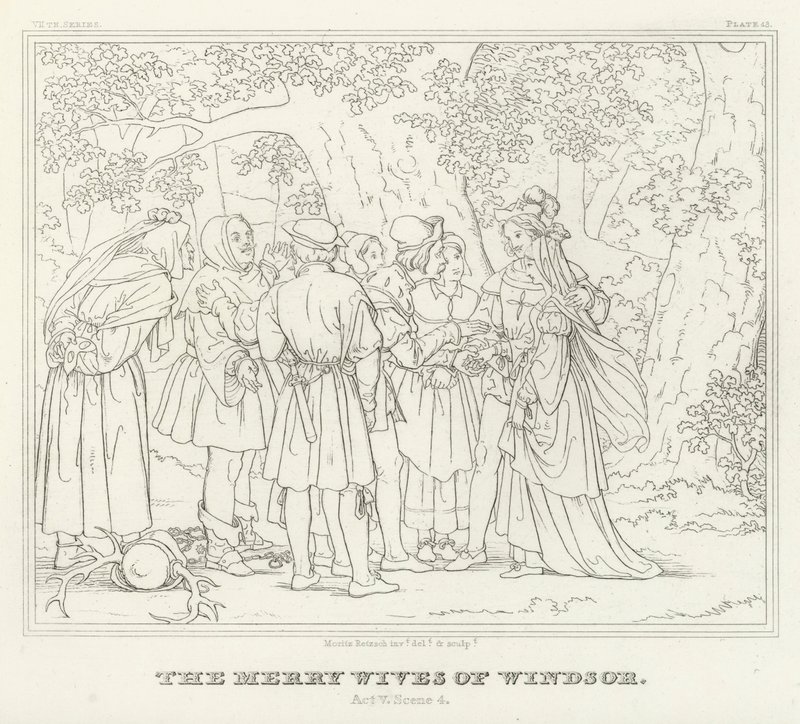De Vrolijke Vrouwen van Windsor, Act V, Scene 4 (gravure) door Friedrich August Moritz Retzsch