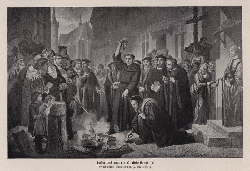 Maarten Luther verbrandt de pauselijke bul in Wittenberg, Duitsland door Friedrich Wilhelm Heinrich Martersteig
