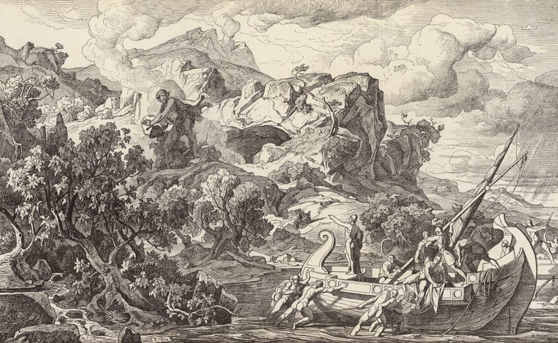 Odysseus verlaat het eiland van de Cyclopen door Friedrich the Elder Preller