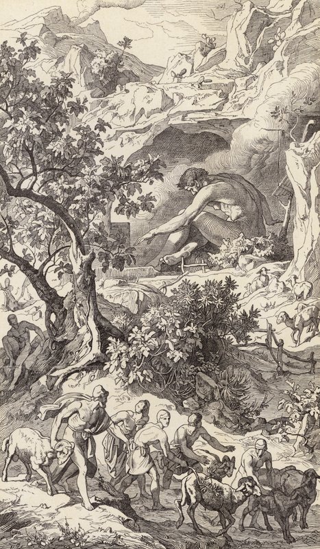 Odysseus passeert de grot van Polyphemos door Friedrich the Elder Preller