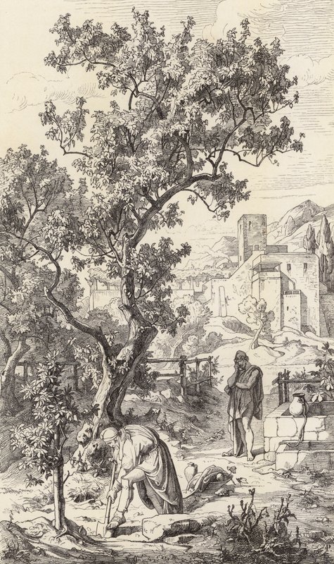 Odysseus bezoekt zijn vader Laertes (gravure) door Friedrich the Elder Preller