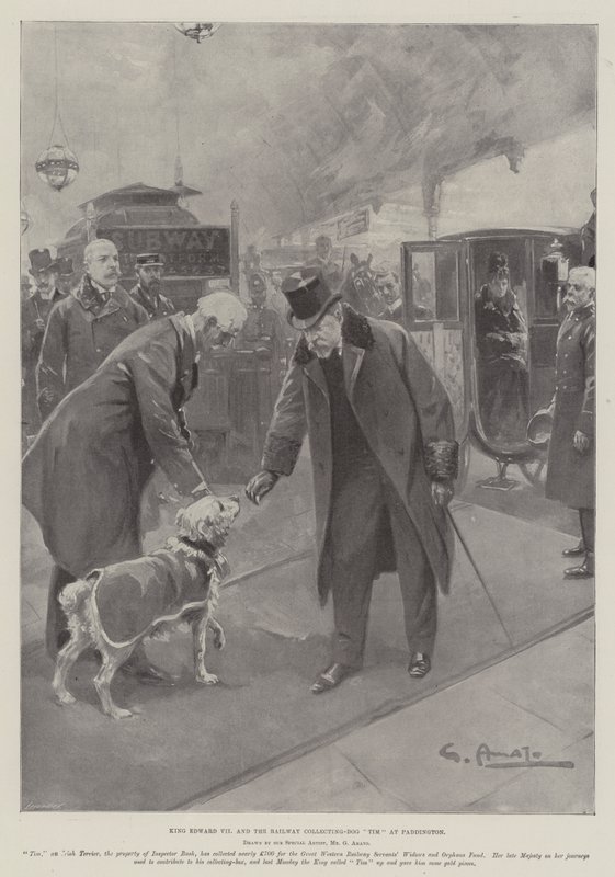 Koning Edward VII en de spoorwegverzamelhond Tim op Paddington door G.S. Amato