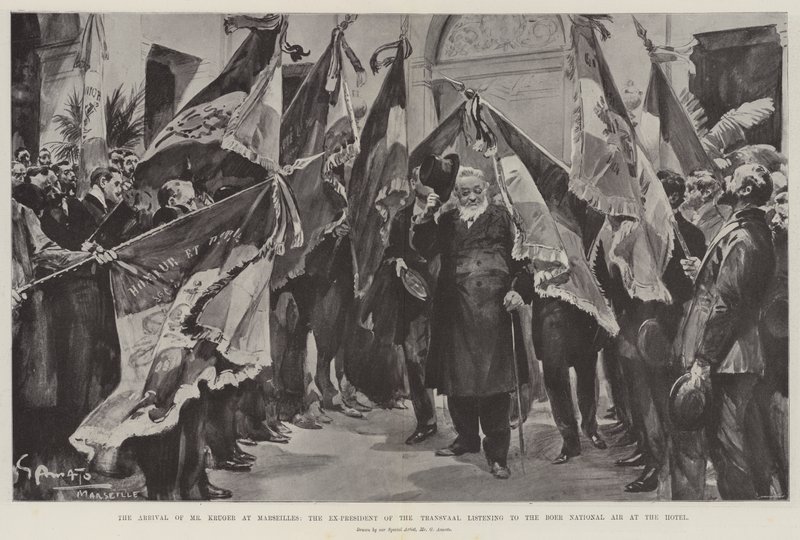De aankomst van de heer Kruger in Marseille, de ex-president van de Transvaal luistert naar het Boer Nationale Lied in het hotel door G.S. Amato