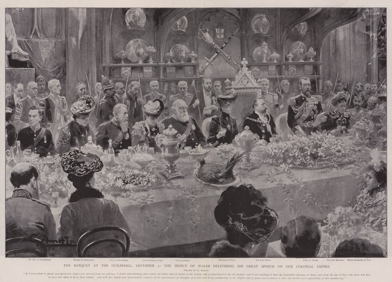 Het banket in de Guildhall, 5 december, de Prins van Wales houdt zijn grote toespraak over ons koloniale rijk door G.S. Amato