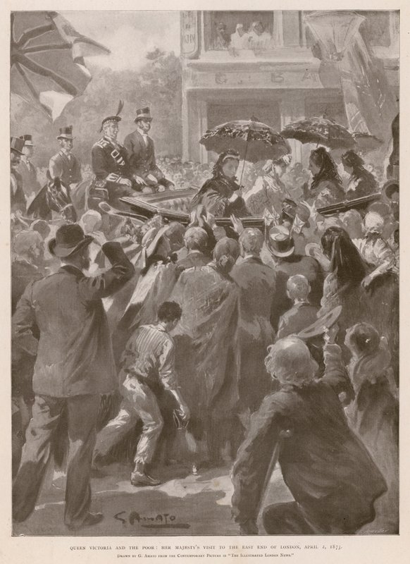 Koningin Victoria en de armen: de koningin bezoekt East End van Londen, 2 april 1873 door G.S. (after) Amato