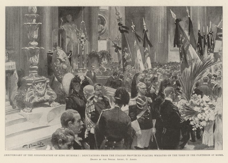 Jaarlijkse Herdenking van de Moord op Koning Humbert, Afvaardigingen uit de Italiaanse Provincies leggen Kransen op het Graf in het Pantheon in Rome door G.S. Amato
