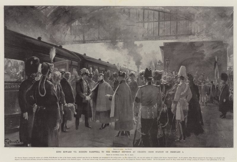 Koning Edward VII neemt afscheid van de Duitse Keizer op Charing Cross Station op 5 februari door G.S. Amato