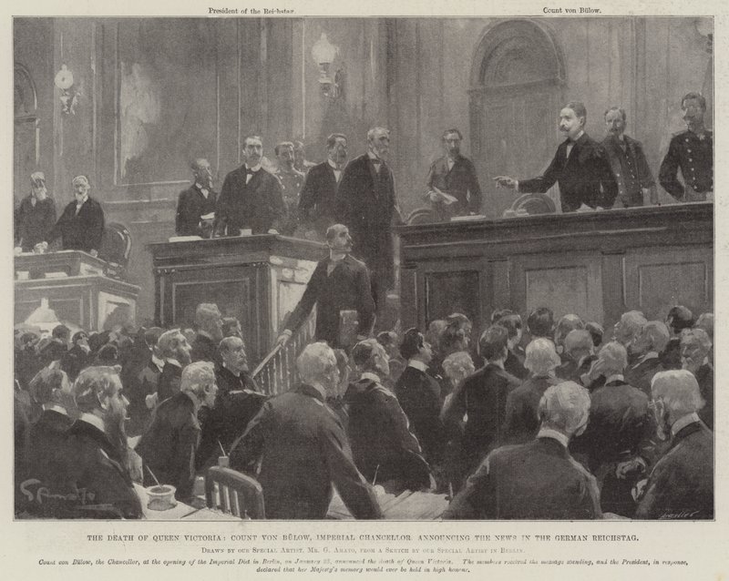 De dood van koningin Victoria, graaf von Bulow, keizerlijk kanselier die het nieuws aankondigt in de Duitse Rijksdag door G.S. Amato