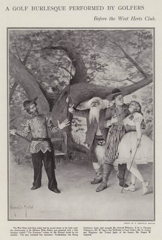 Een golfburlesque uitgevoerd door golfers tijdens het jaarlijkse diner van de West Herts Club (litho) door G. Grenville Manton