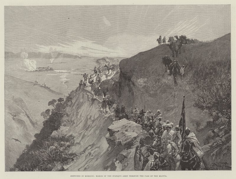 Schetsen in Marokko, Mars van het Leger van de Sultan door de Pas van de Mlouia door Gabriel Nicolet