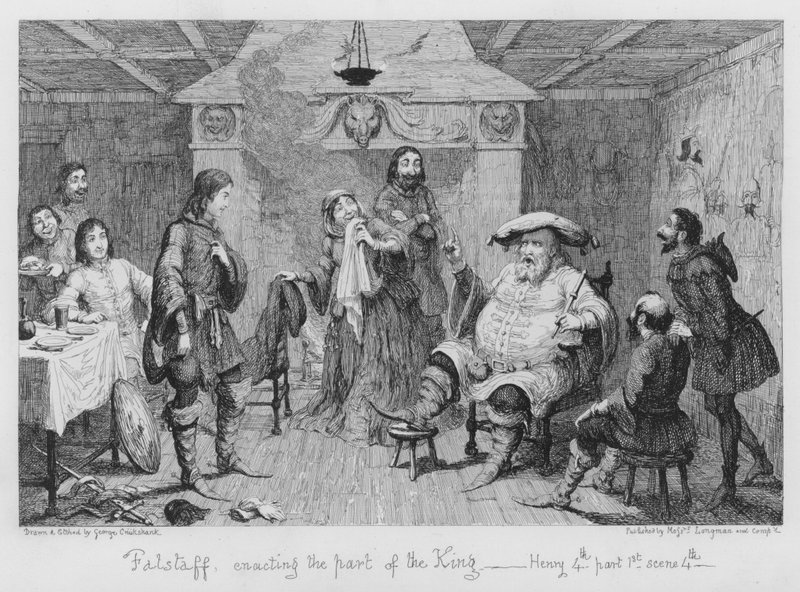 Falstaff speelt de rol van de koning door George Cruikshank