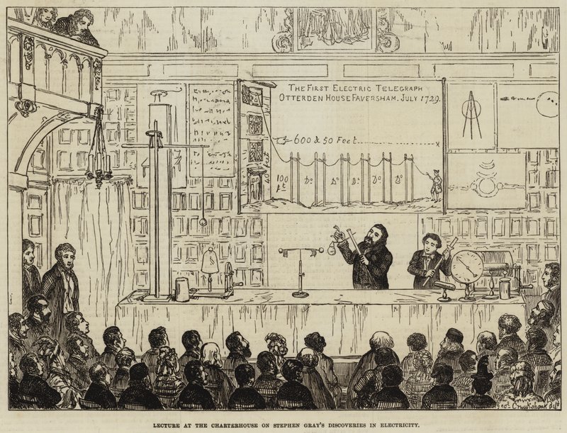 Lezing in de Charterhouse over de ontdekkingen van Stephen Gray in elektriciteit door George Cruikshank
