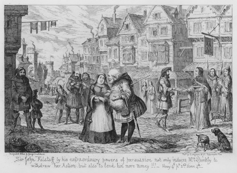 Sir John Falstaff overtuigt Mrs. Quickly niet alleen om haar actie in te trekken, maar ook om hem meer geld te lenen! door George Cruikshank