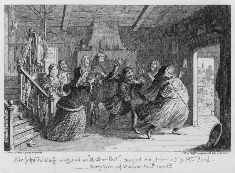 Sir John Falstaff, vermomd als Moeder Prat, geslagen en verdreven door Mr Ford door George Cruikshank