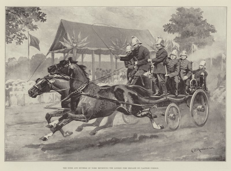 De hertog en hertogin van York inspecteren de Londense brandweer op Clapham Common door George Derville Rowlandson