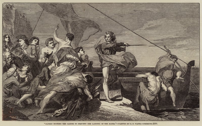 Alfred spoort de Saksen aan om de landing van de Denen te voorkomen door George Frederick Watts