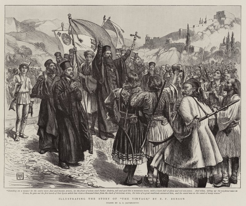 Illustratie van het verhaal van De Oogst, door E F Benson door George Percy Jacomb Hood