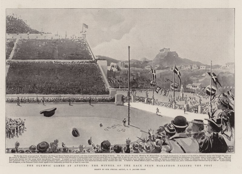 De Olympische Spelen in Athene, de winnaar van de marathonrace passeert de finish door George Percy Jacomb Hood