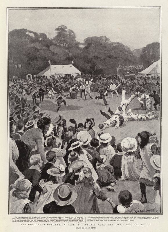Het kinderfeest van de kroning in Victoria Park, de komische cricketwedstrijd door George Soper