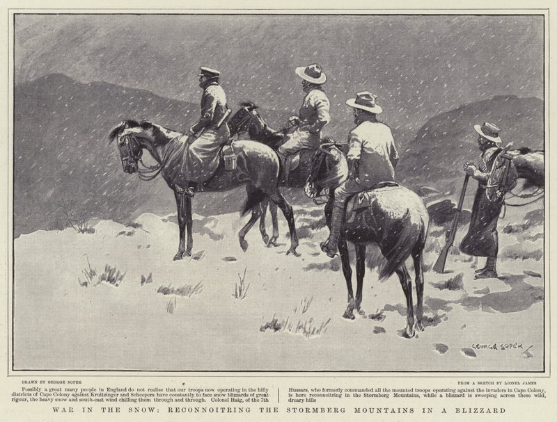 Oorlog in de sneeuw, verkenning van de Stormberg Mountains in een sneeuwstorm door George Soper