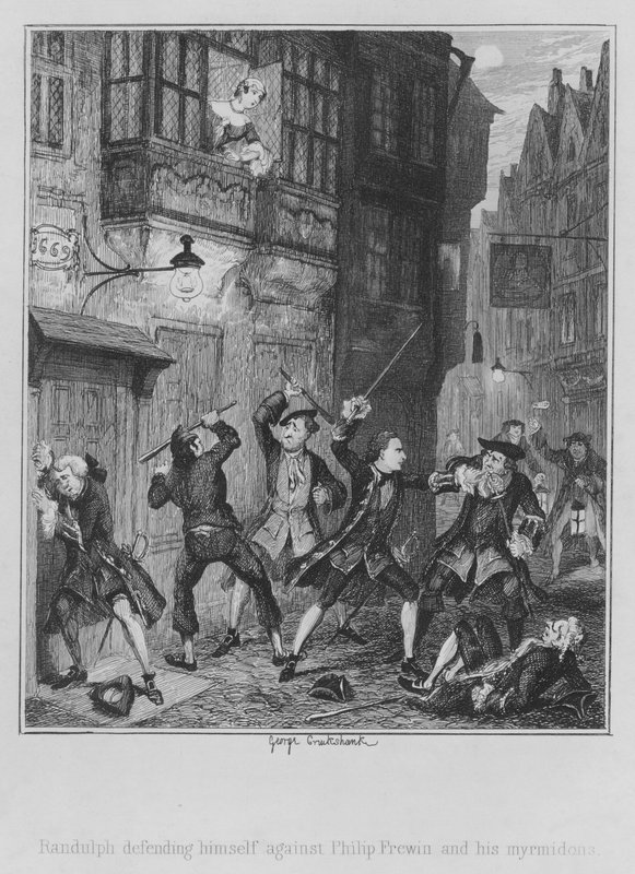 Randulph verdedigt zich tegen Philip Frewin en zijn myrmidonen door George (after) Cruikshank