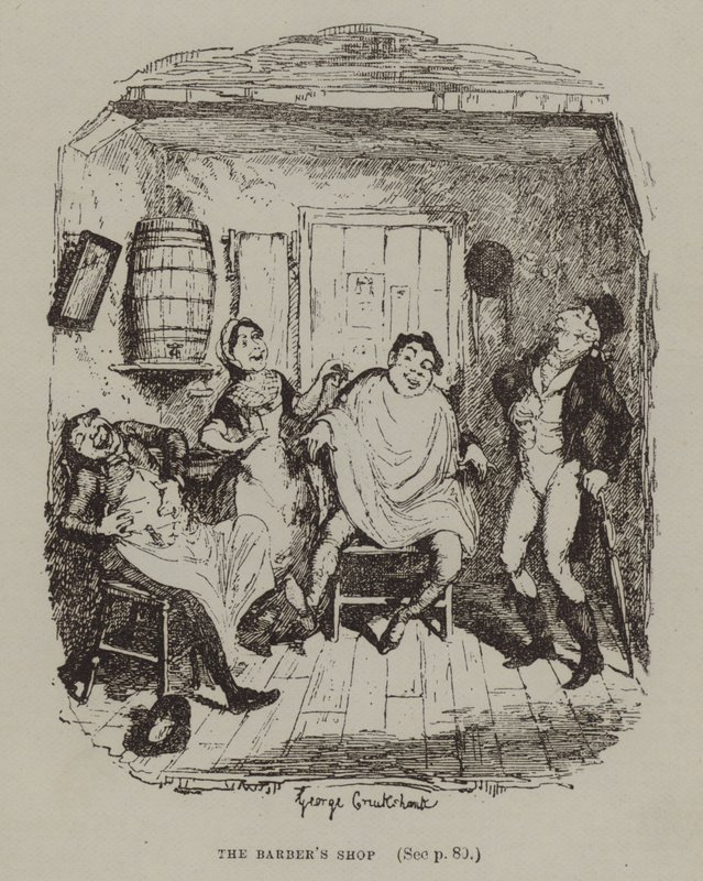 De Kapperszaak (gravure) door George (after) Cruikshank